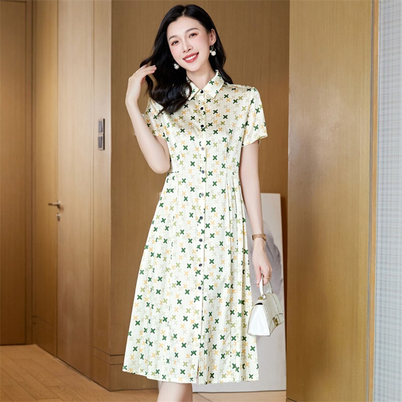 杭州重磅真丝桑蚕丝连衣裙女高端大牌2025新款夏季碎花妈妈衬衫裙，女装连衣裙，阿舍尔精品