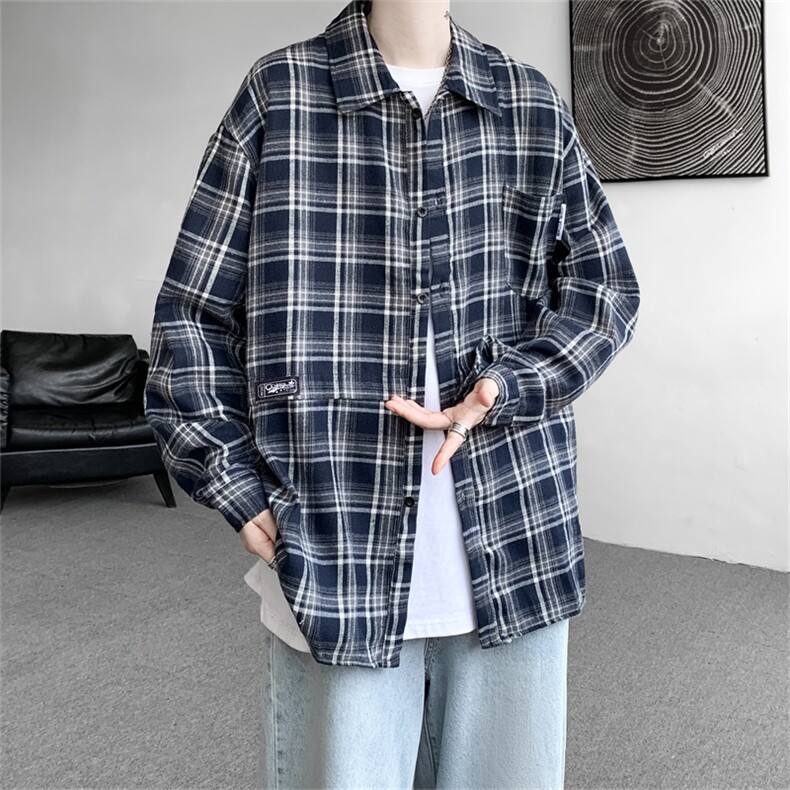 美式复古格子衬衫外套秋季款男女宽松百搭长袖情侣上衣R188-P36,男装衬衫,星座1008