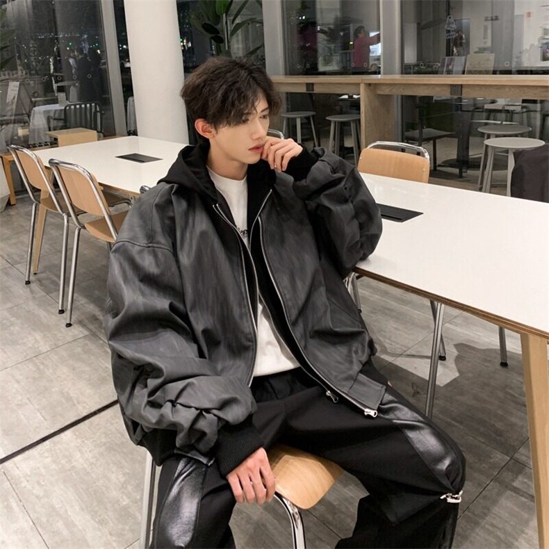 美式皮夹克外套男连帽oversize宽松假两件pu皮衣夹克LJ85399-P85,男装夹克,星座1008