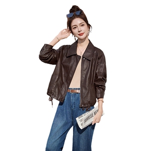 黄色可盐可甜减龄好看皮衣夹克上衣女春新款小个子休闲显瘦短外套图片
