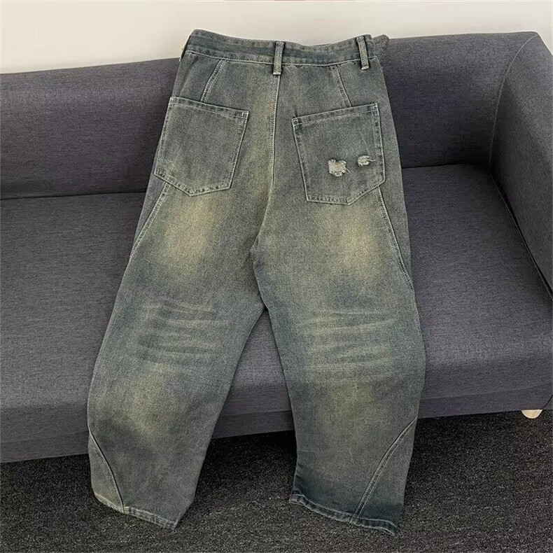 美式复古做旧阔腿牛仔裤女春季高腰宽松直筒设计感拖地裤1120-P51,男装牛仔裤,星座1109-3