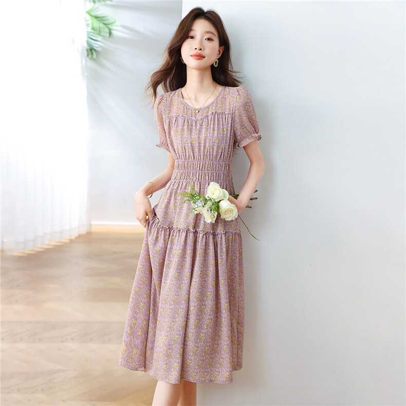 小清新碎花连衣裙女2025夏季新款小个子收腰修身显瘦气质印花裙子,女装连衣裙,布芭啦