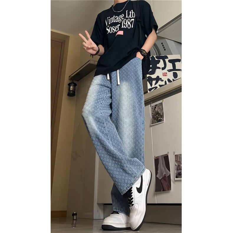 提花牛仔裤男夏季小众设计裤子高个子加长美式工装阔腿裤NZG919,男装牛仔裤,星座516A