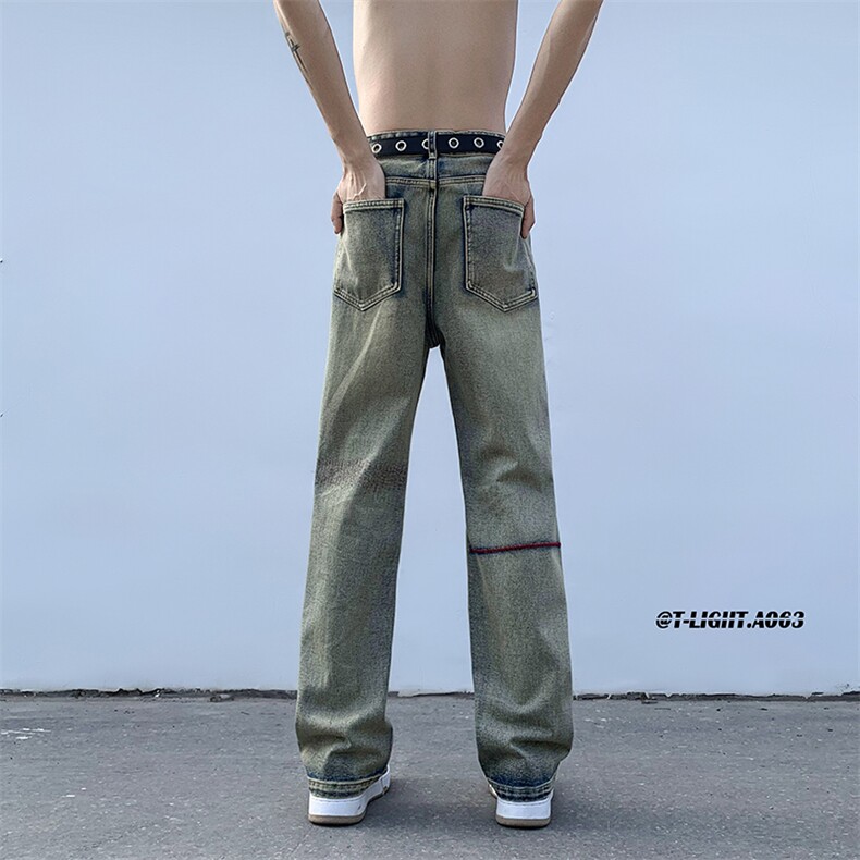 美式ins高街hiphop刺绣重工艺水洗直筒牛仔裤货号K689P55图片