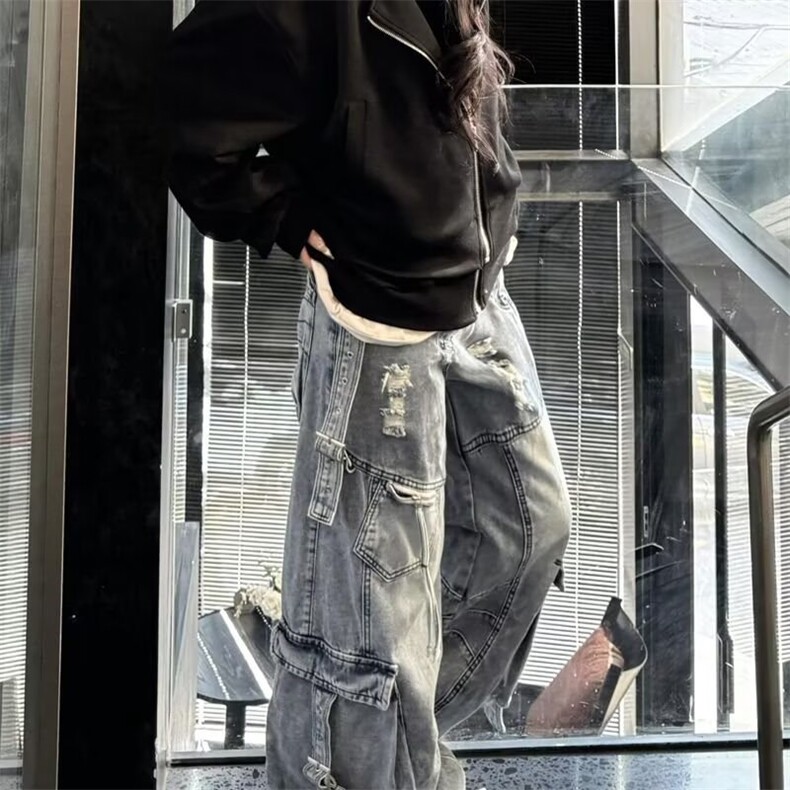 ONLPP春夏新款重工水洗破洞工装牛仔裤女辣妹设计感阔腿拖地长裤,男装牛仔裤,星座813-3
