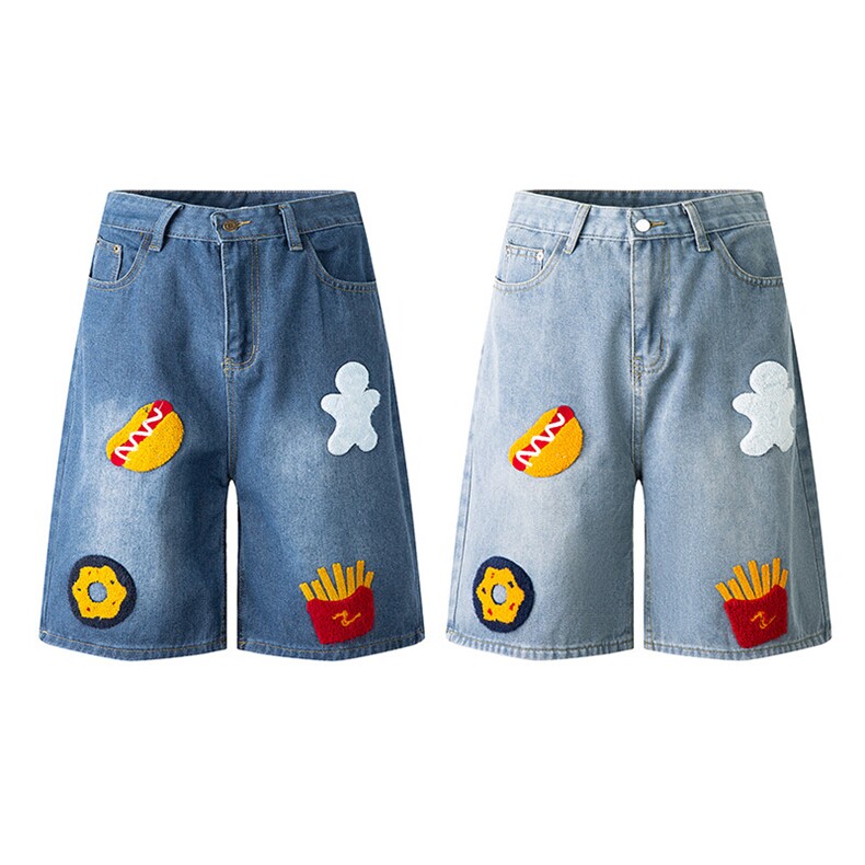 美式街头创意薯条热狗毛巾绣牛仔短裤直筒五分裤FD3126P42，男装牛仔裤，星座1013-1