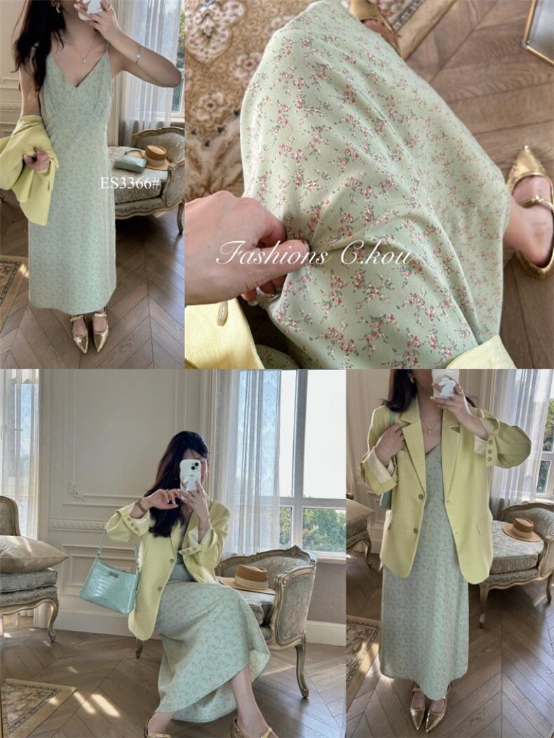 西装配花色吊带裙yyds，女装西装，唇蔻