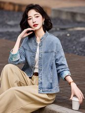 蓝色韩系休闲气质蕾丝拼接牛仔外套女2025早春新款小个子百搭夹克，女装短外套，靓衣阁