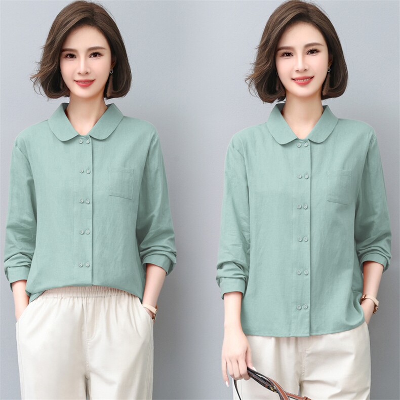 三年不下架衬衫女2024春秋新款中老年薄款宽松长袖棉麻衬衣双排扣，女装衬衫，璐依舞
