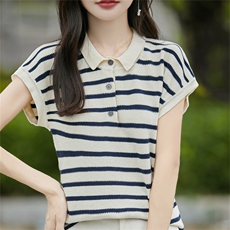 纯棉针织条纹POLO领短袖T恤女2025新款时尚减龄翻领t恤上衣夏薄新，女装针织衫/毛衣，斯美雅电商供货