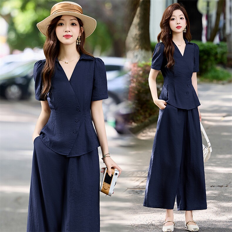 高级感时尚套装女2025夏季新款气质收腰显瘦短袖衬衫阔腿裤两件套，女装套装/套裙，姿衣坊