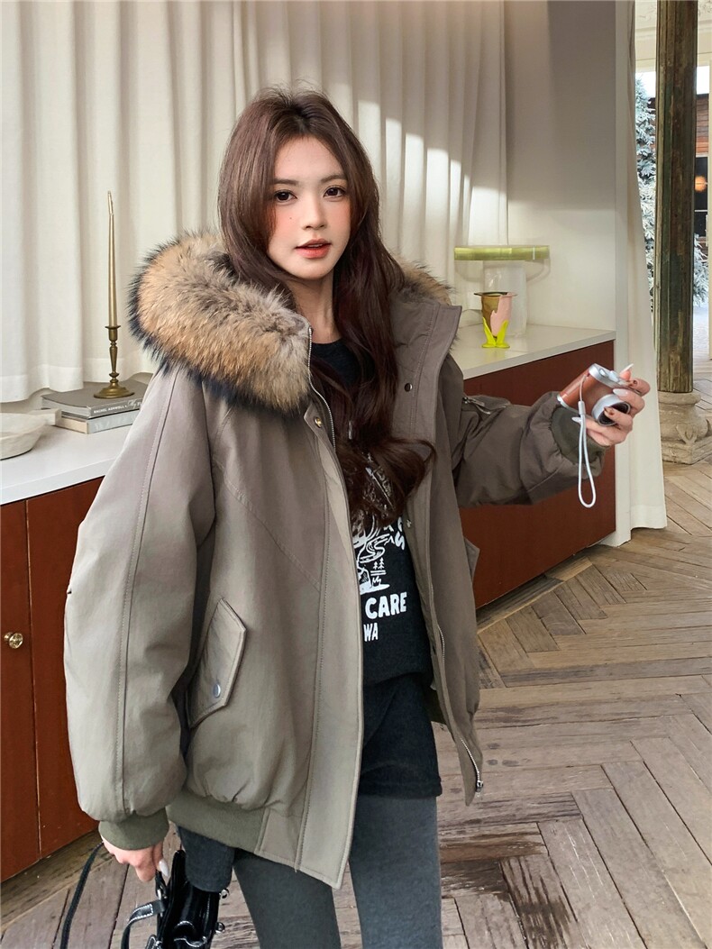 工装风大毛领羽绒服女短款2025冬季新款时尚加厚派克服军绿色外套,女装羽绒服,艾米莉亚