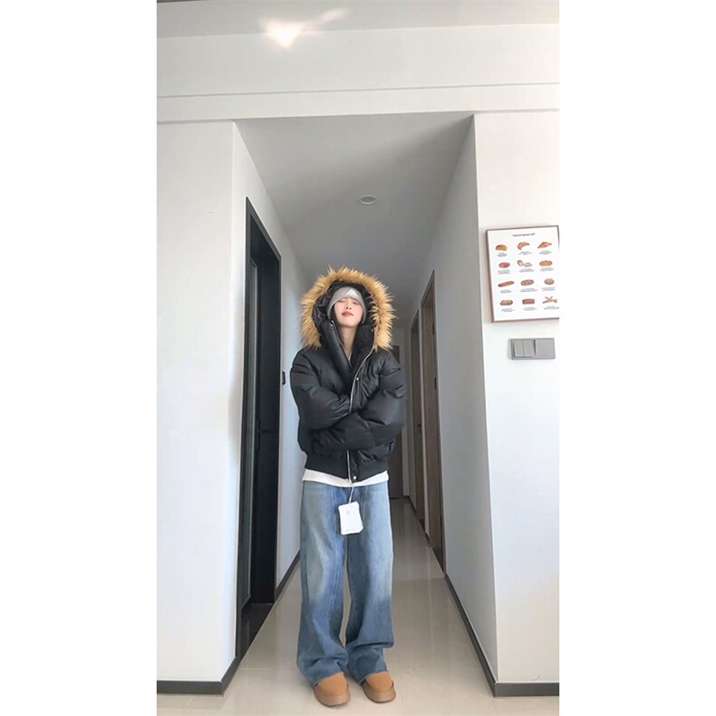 现货三防重磅硬挺boxy短款羽绒棉衣座山雕大毛毛领PU皮棉服外套冬,男装棉衣,电商A443