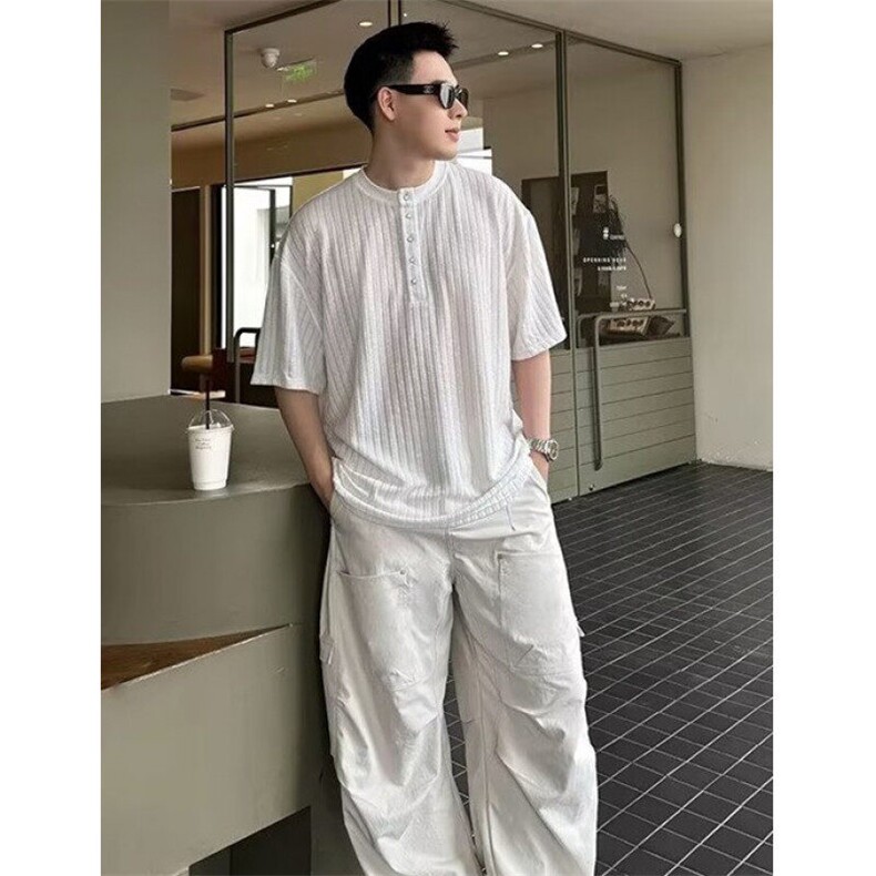 夏季美式肌理感亨利领T恤休闲宽松百搭薄款透气短袖男TA136,男装T恤,星座1116A（原606A-3）