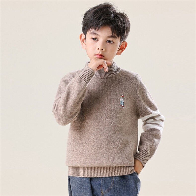 儿童秋冬羊毛衫羊毛纯色简约横杠提花,童装儿童羊毛衫,米咔羊绒
