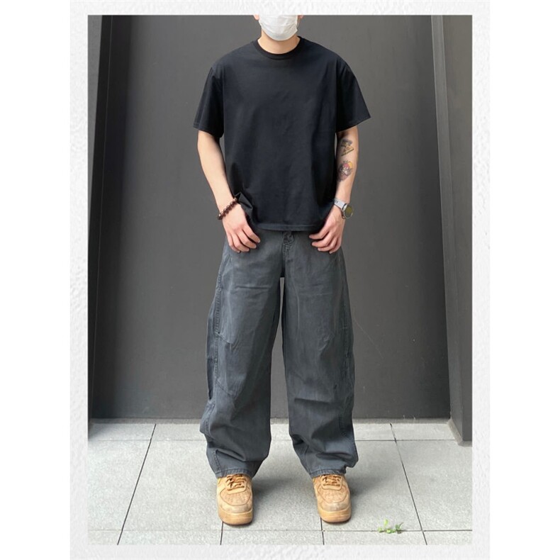 美式高街弯刀休闲裤设计感褶皱潮流宽松阔腿工装裤K90056-P50网图图片