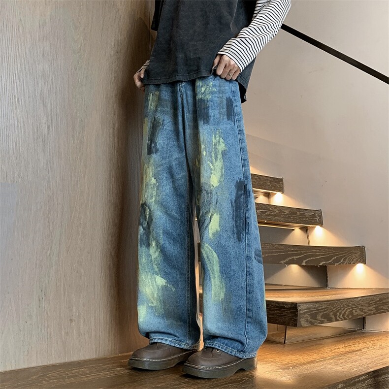 港风秋款男牛仔裤油漆扎染直筒宽松长裤NK7802P52，男装牛仔裤，星座1013-1