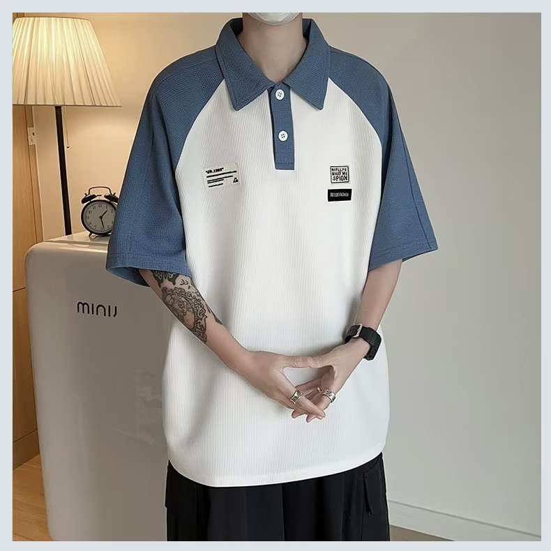 华夫格polo衫男短袖夏季潮牌撞色休闲百搭翻领宽松T恤PL015-P33,男装Polo衫,星座308B-2