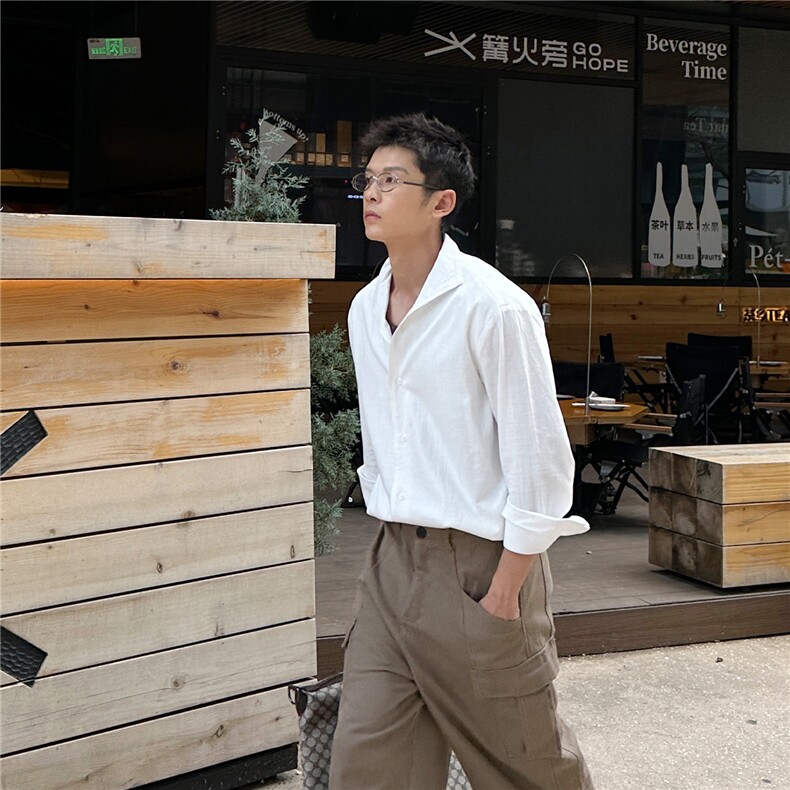 高品质白色V领设计感衬衫男长袖春秋衬衣男士A236-C601-P70,男装衬衫,电商A236