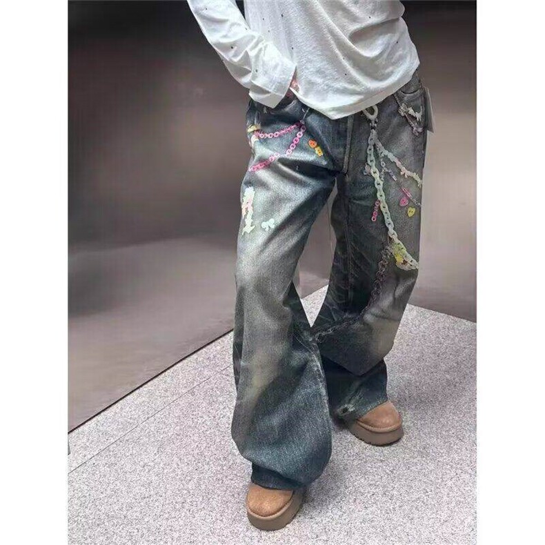 美式糖果链条裤辣妹数码印花牛仔裤男女直筒拖地长裤LN70166-P54,男装牛仔裤,星座1008