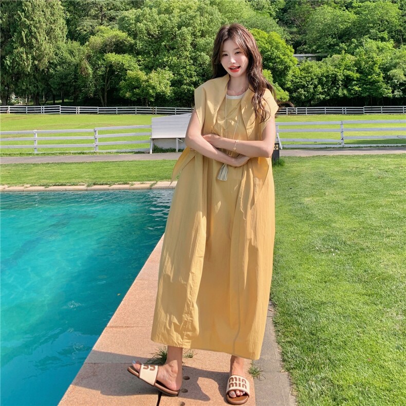 清冷感黄色无袖背心连衣裙女2025夏季新款韩系度假风收腰显瘦长裙,女装连衣裙,2C159
