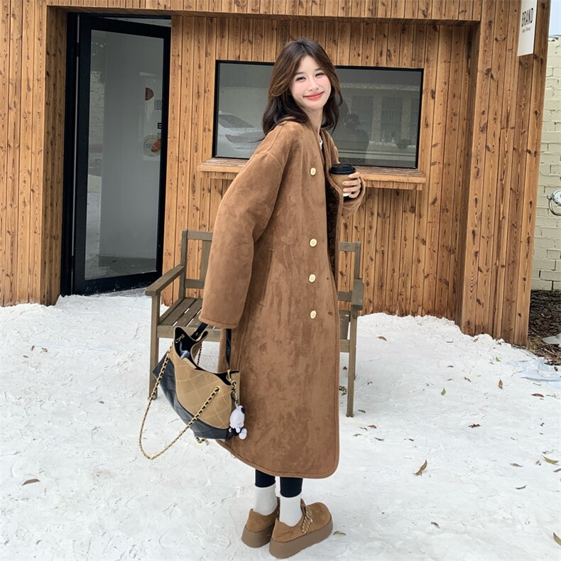 棕色双排扣麂皮绒两面穿皮毛一体羊羔毛外套女秋冬2025新款厚棉服,女装短外套,2B183