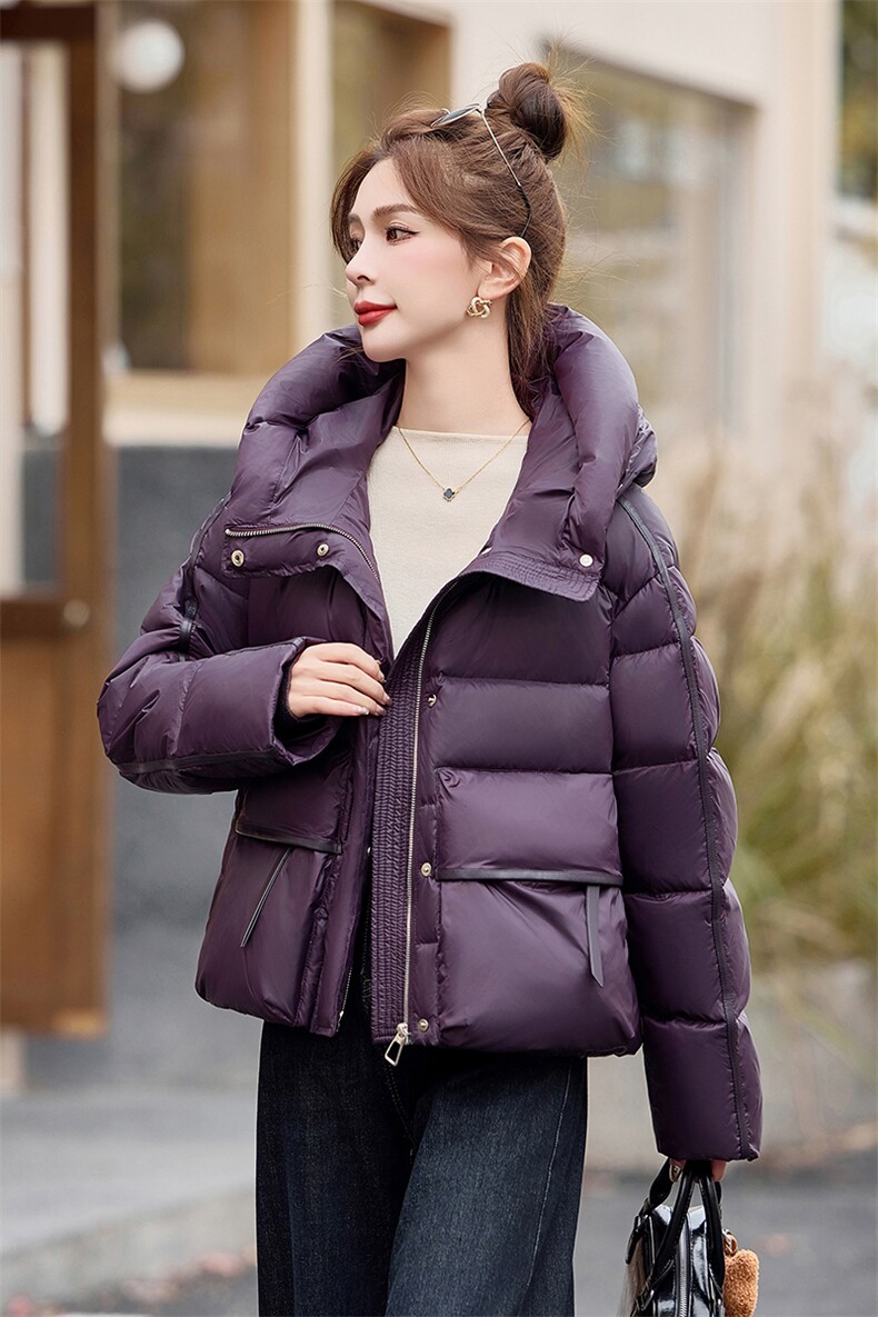 欧货高级感紫色短款羽绒服女2024冬季新款宽松休闲短款白鸭绒外套,女装羽绒服,琦鑫阁（原依鑫阁）
