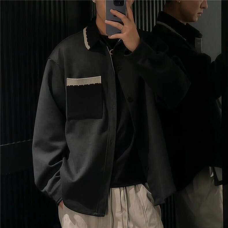 2025秋季新款撞色翻领老钱风长袖外套男宽松休闲百搭长袖卫衣开衫图片