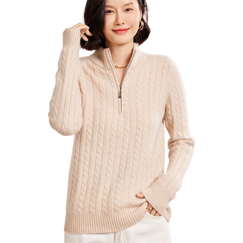 时尚百搭七针麻花半拉链女士秋冬羊绒衫30%羊绒,女装羊绒衫,名驰羊绒