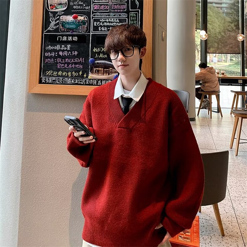 新款港风加厚内搭慵懒风纯色大V领针织衫上衣毛衣外套V29-P48，男装针织衫/毛衣，电商B245