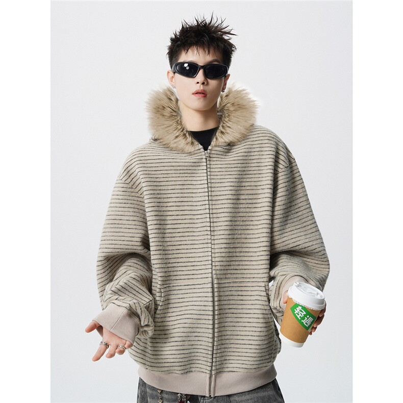 可二开条纹毛领连帽78晴纶19锦纶3氨纶S-XL开衫卫衣WY78139特P78，男装卫衣，星座227-7