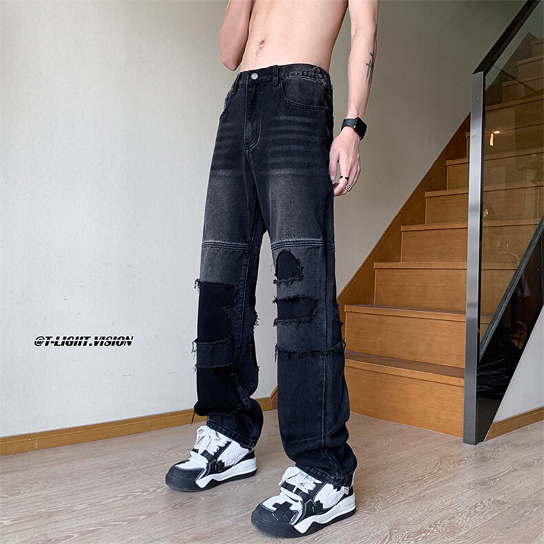 B221 美式ins高街暗黑小众撞色破洞直筒牛仔裤 LK23109-P65 控88图片