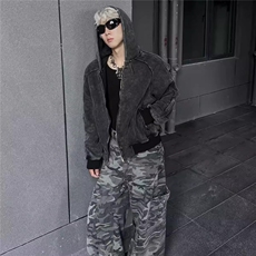 美式复古简约休闲百搭开衫卫衣秋冬水洗做旧宽松连帽外套，女装短外套，四季星座505
