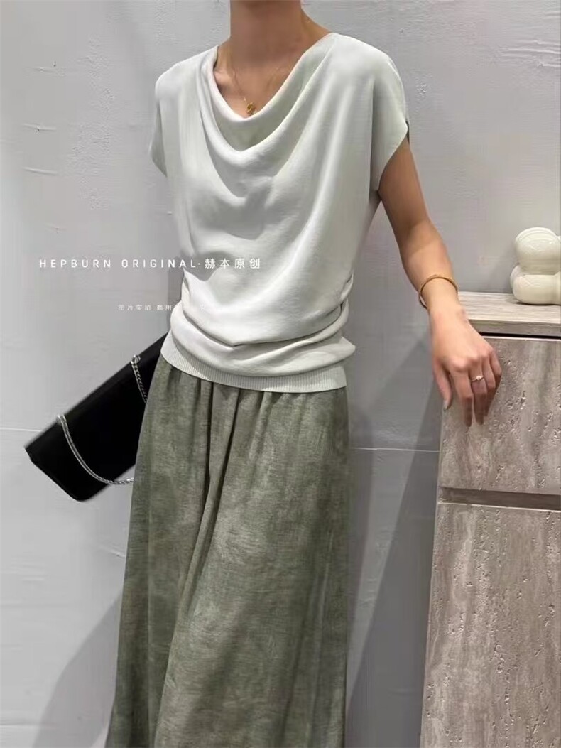 一字肩莱赛尔针织T恤黑色气质通勤百搭修身短袖,针织衫/毛衣,织己羊绒
