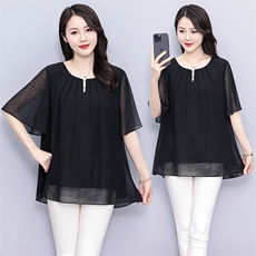 （现货）加肥加大宽松雪纺衫女2025夏季遮肚显瘦上衣胖MM洋气小衫，女装蕾丝衫/雪纺衫，深妍伊美