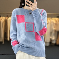 圆领套头衫女2024秋冬新款宽松拼接撞色毛衣，女装羊毛衫，鹿一羊绒