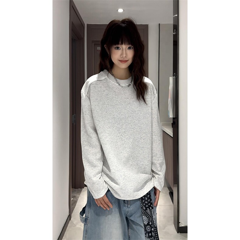 抖音得物高品质26春装设计感长袖打底衫纯色拉链肩圆领卫衣W123,男装T恤,电商A486-1