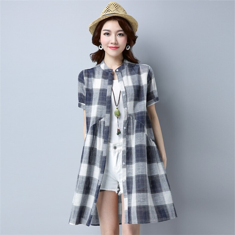 格子衬衫裙女2025夏装新款女装韩版宽松连衣裙上衣中长款短袖衬衣，女装衬衫，风姿绰