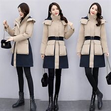 2020冬季新款时尚休闲撞色连帽系带收腰舒适保暖羽绒棉棉衣，女装棉衣/棉服，艾尚靓装