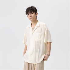 复古小众凹凸线条纯色短袖衬衫男潮牌街头宽松休闲衬衣CS2086-P45，男装衬衫，星座210-1