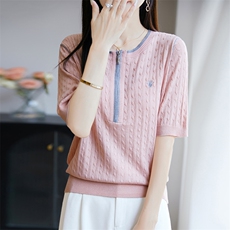 2025夏季新款精纺羊毛绞花半拉链短袖女，女装T恤，尚雪电商供货