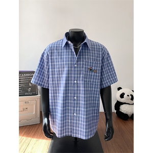 特批P30无差价夏季休闲格子刺绣腊肠狗翻领短袖宽松衬衫男CD5497图片