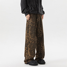 8XL-M春款高街美式豹纹阔腿牛仔裤男宽松直筒拖地裤K9113P68控88，男装休闲裤，电商D206-1