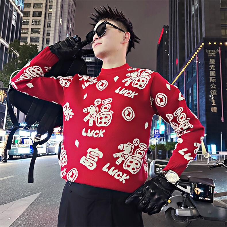 LV302/P88控118冬季吉普马新年贺岁提花加厚针织毛衣男藏青首1,男装针织衫/毛衣,星座305B