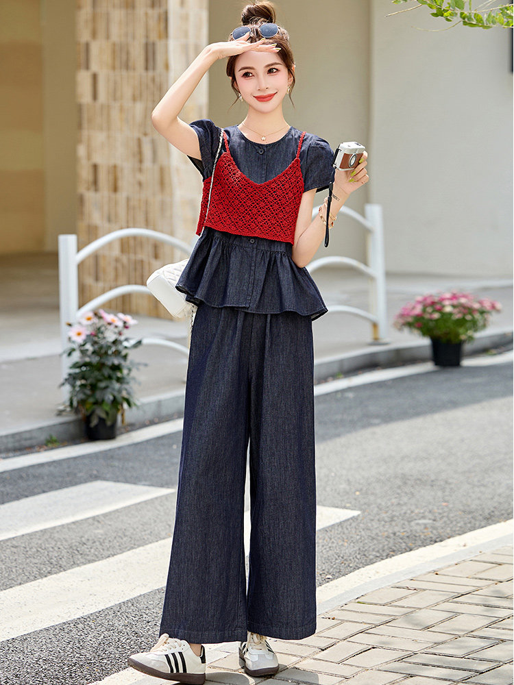 2025夏季水洗牛仔色休闲潮三件套裙减龄今年流行的女装套装,女装套装/套裙,众宇琦