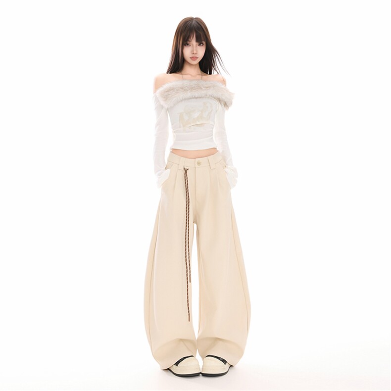 杏色休闲裤女2026新款春季直筒阔腿高腰垂感弯刀西装裤YD9084-P75图片