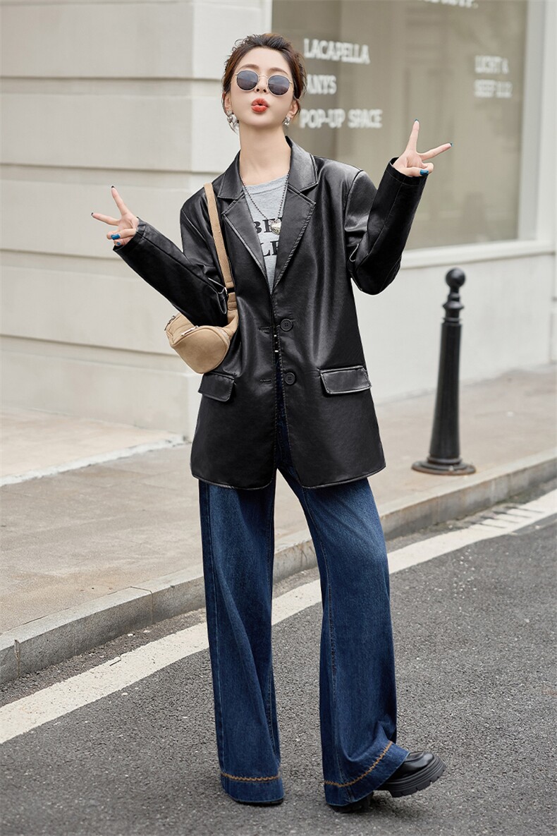 西装皮衣女款2025新款春秋咖色小个子阔版宽松PU机车服皮夹克外套,女装皮衣,江南女神