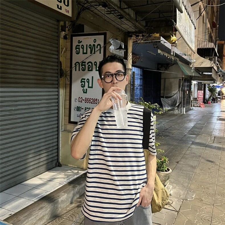DA169-P40条纹t恤短袖男夏季日系复古宽松五分袖体恤-网图现货,男装T恤,星座603-2