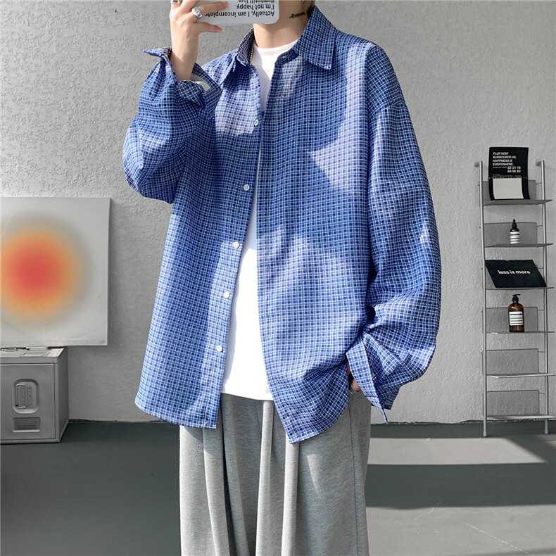 8XL-M长袖衬衫男春夏格子条纹衬衣宽松慵懒风防晒外套CS29005P45图片