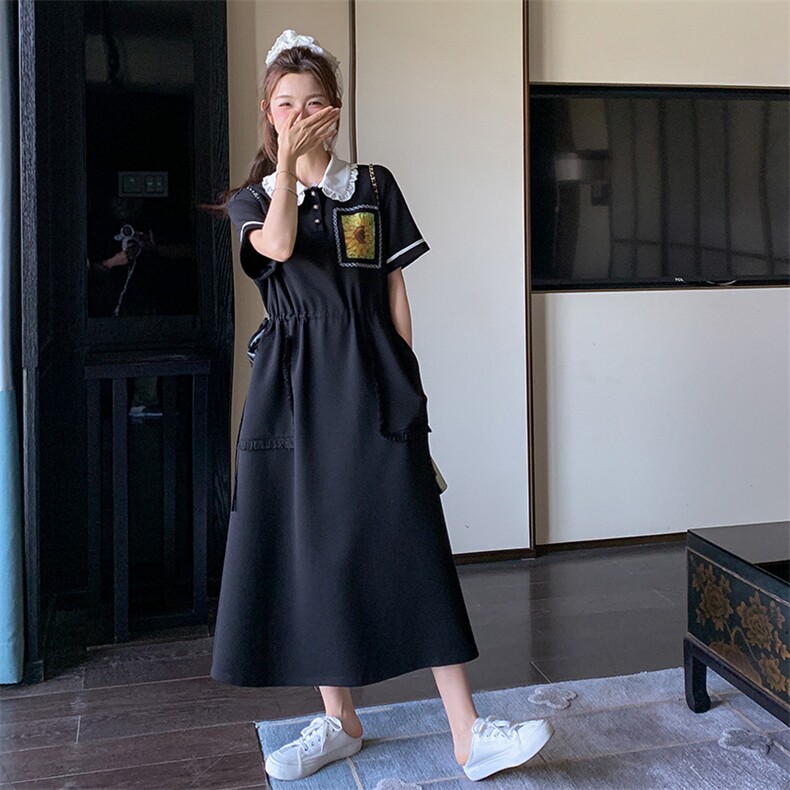 甜美撞色翻领收腰黑色连衣裙女夏2025新款休闲气质大方得体长裙子,女装连衣裙,2D080